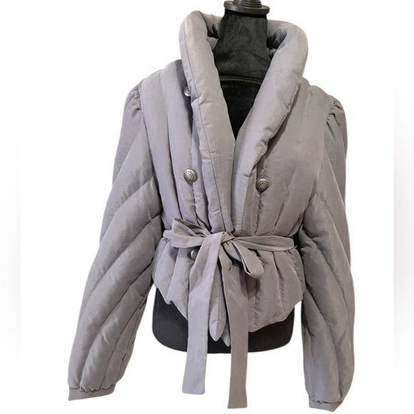 Free People Office Duvet Quilted Puffer Tie Waist Jacket, grey,cropped, NWT - Picture 9 of 10